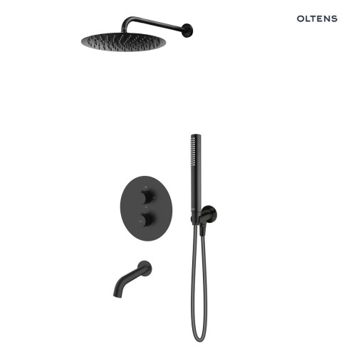 Zestaw Oltens Katla bateria podtynkowa termostatyczna z deszczownicą 30 cm Vindel i kompletem prysznicowym Ume czarny mat 36611300