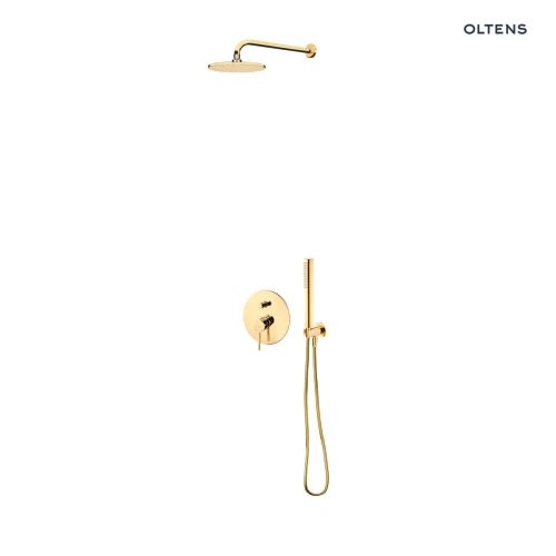 Zestaw Oltens Molle bateria podtynkowa z deszczownicą 22 cm Atran i kompletem prysznicowym Ume złoty połysk 36614800