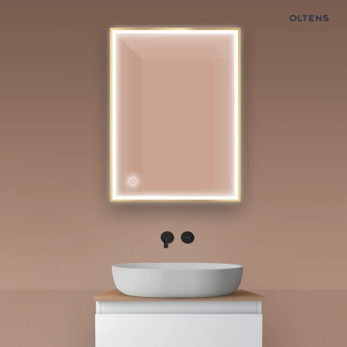 Oltens Nordlis lustro 60x80 cm prostokątne z oświetleniem z przodu z matą grzewczą złoty 64105800