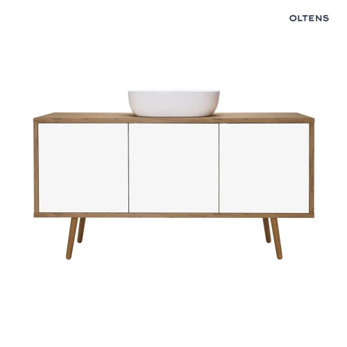 Oltens Hedvig szafka 140 cm podumywalkowa wisząca z półką biały połysk/dąb naturalny 60205060