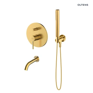 Zestaw Oltens Molle bateria wannowo-prysznicowa podtynkowa z wylewką i kompletem prysznicowym Ume złoto szczotkowane 36631810