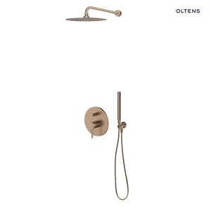Zestaw Oltens Molle bateria wannowo-prysznicowa podtynkowa z deszczownicą 30 cm Vindel i kompletem prysznicowym Ume miedż szczotkowana 36600610